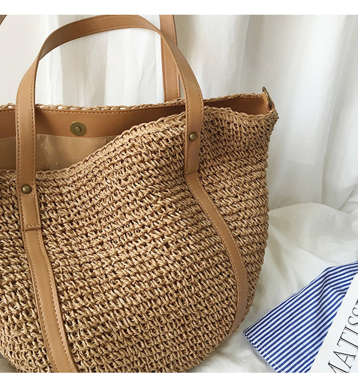 CALORA_ Coastal Chic Riet Geweven Tote Bag - Zomerse Tas en Dagelijkse Essentieel