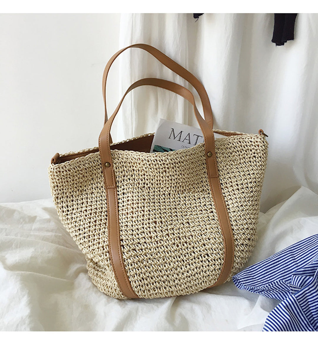 CALORA_ Coastal Chic Riet Geweven Tote Bag - Zomerse Tas en Dagelijkse Essentieel