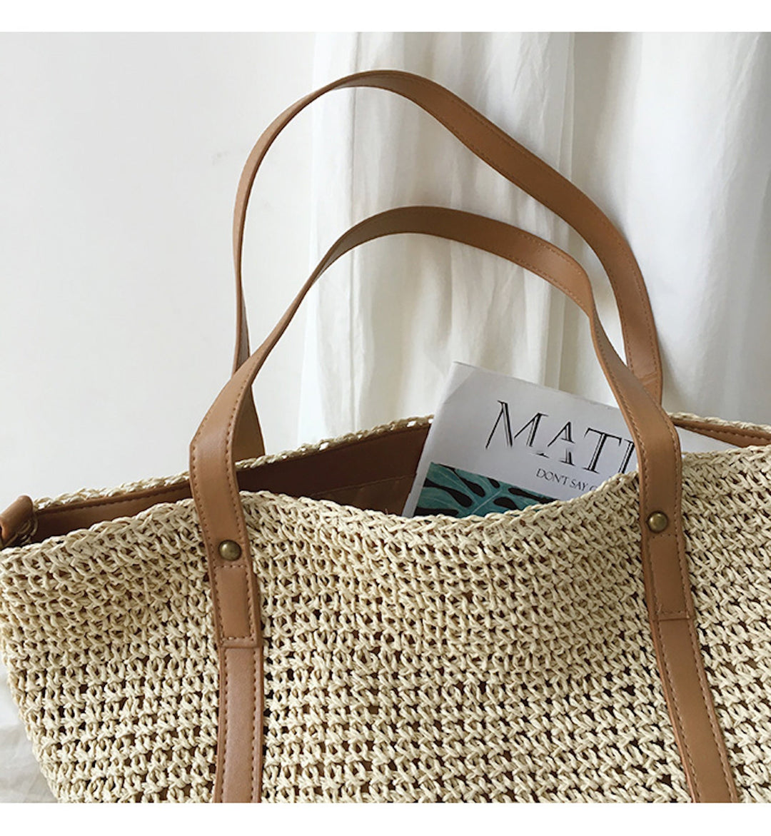 CALORA_ Coastal Chic Riet Geweven Tote Bag - Zomerse Tas en Dagelijkse Essentieel