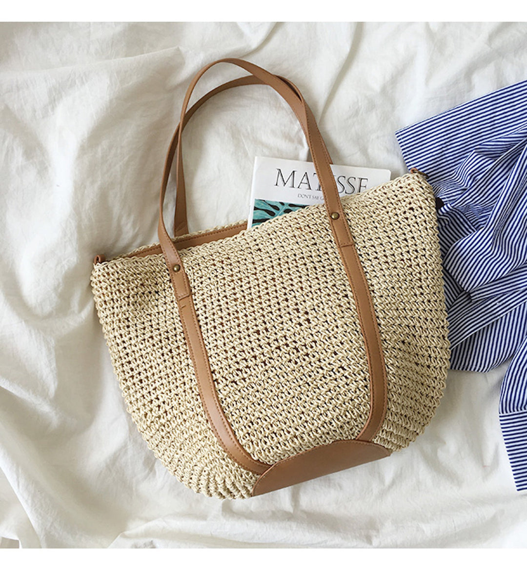 CALORA_ Coastal Chic Riet Geweven Tote Bag - Zomerse Tas en Dagelijkse Essentieel