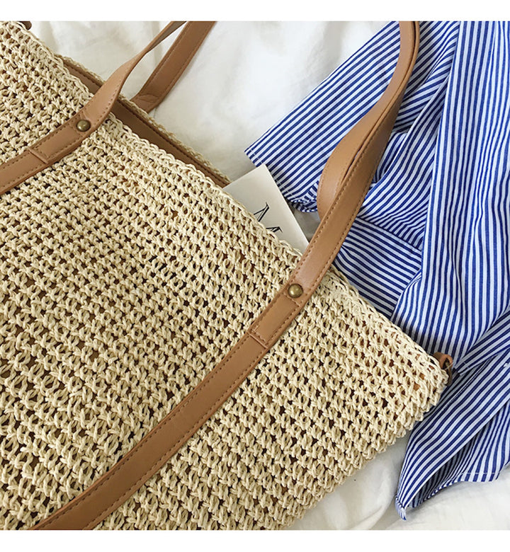 CALORA_ Coastal Chic Riet Geweven Tote Bag - Zomerse Tas en Dagelijkse Essentieel