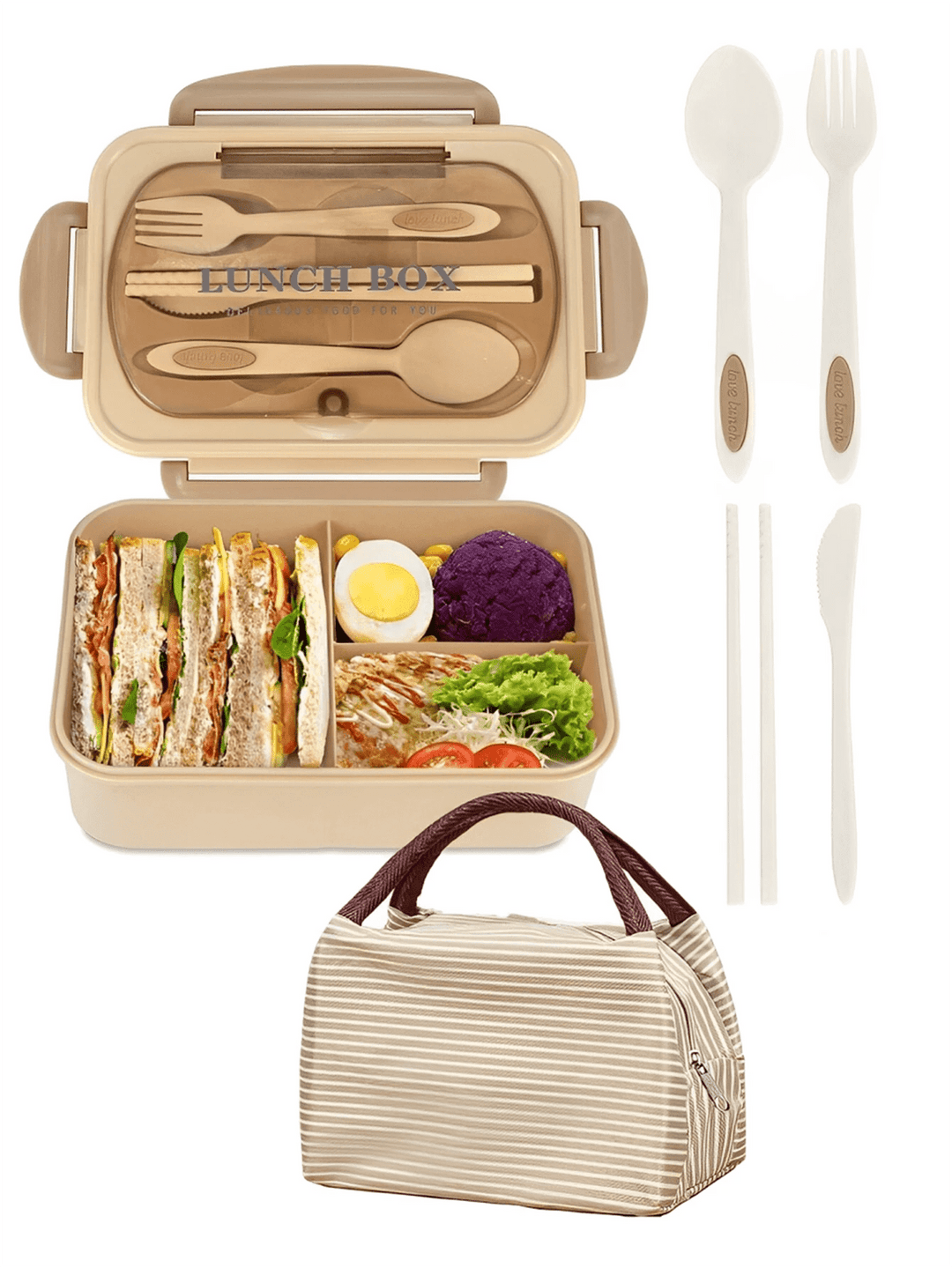 CALORA_ Lekvrije 1200 ml Bentobox voor Volwassenen met Bestek en 3 Compartimenten