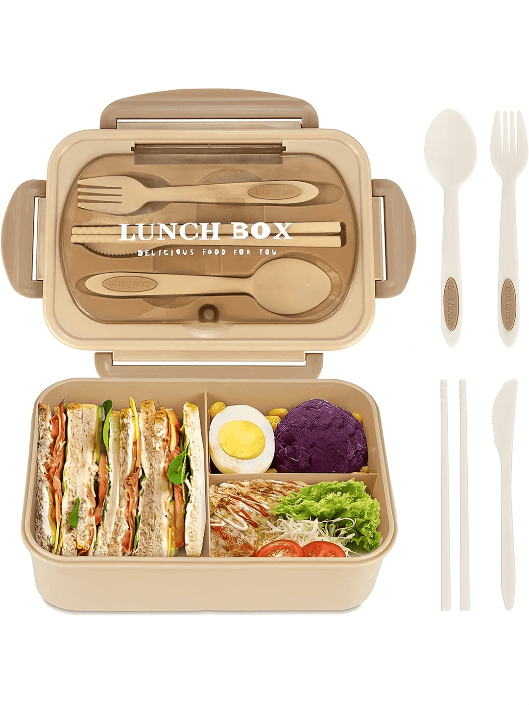 CALORA_ Lekvrije 1200 ml Bentobox voor Volwassenen met Bestek en 3 Compartimenten