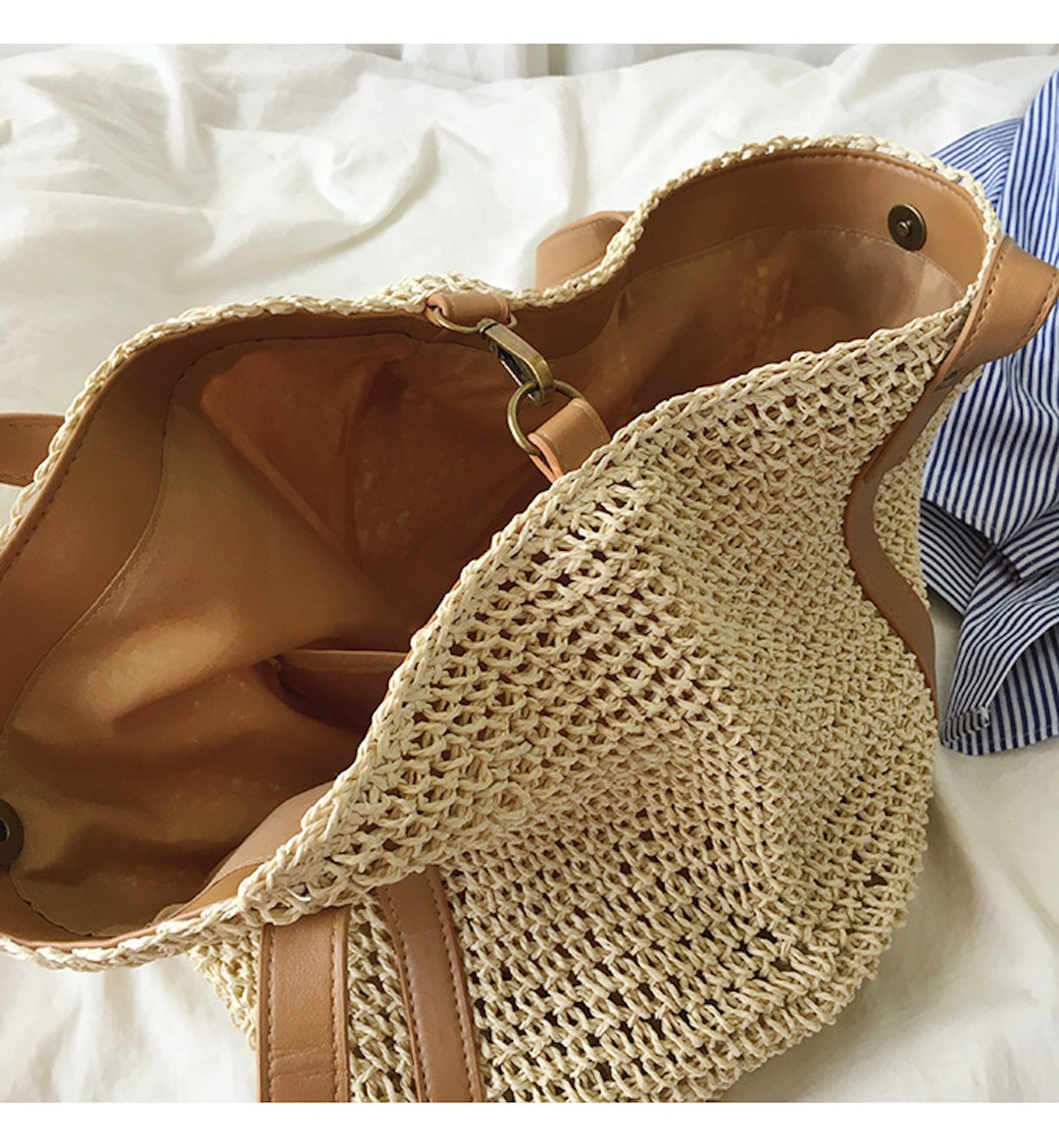 CALORA_ Coastal Chic Riet Geweven Tote Bag - Zomerse Tas en Dagelijkse Essentieel