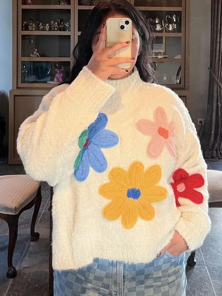 CALORA_ Stijlvolle Witte Gebreide Bloemen Herfst Trui voor Vrouwen