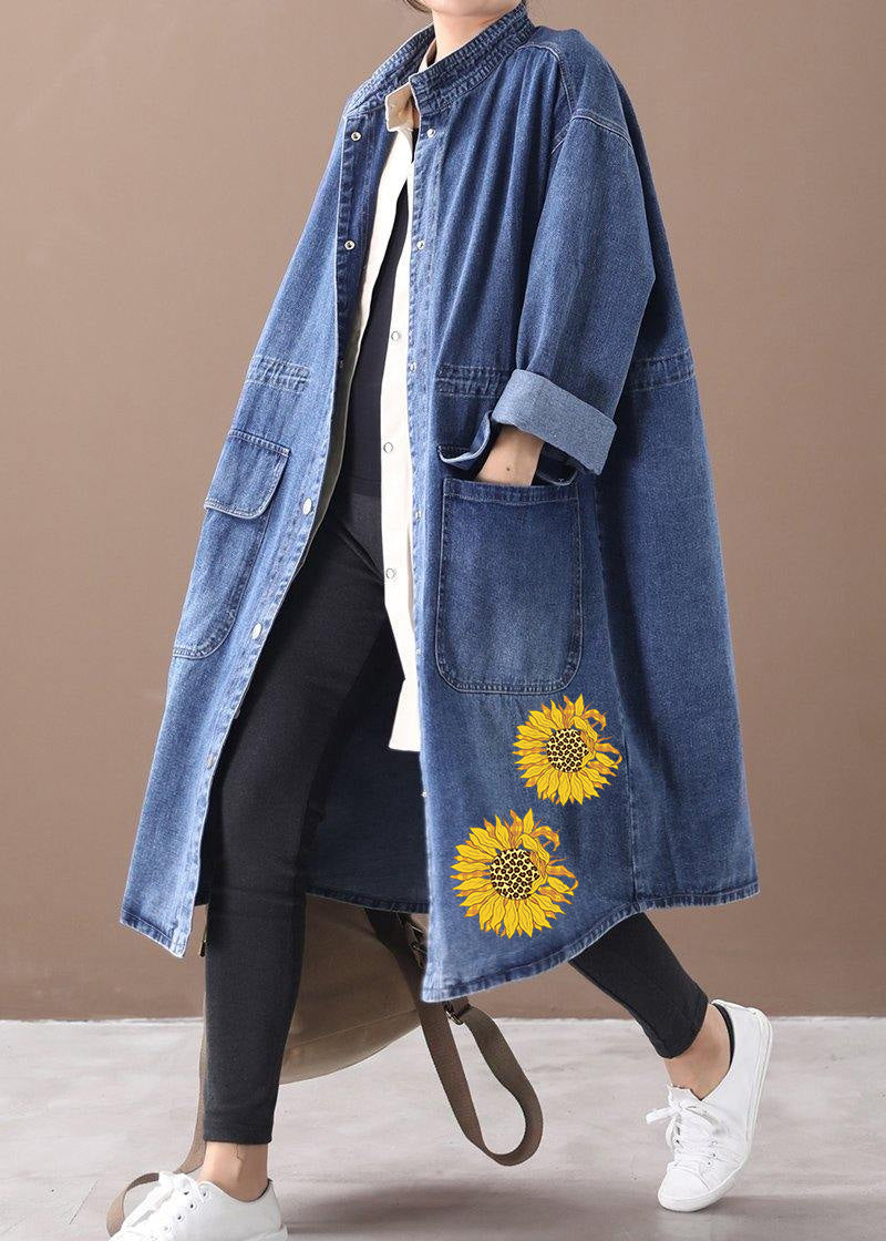 Franse Denim blauwe Plus Size Trenchcoat met trekkoord