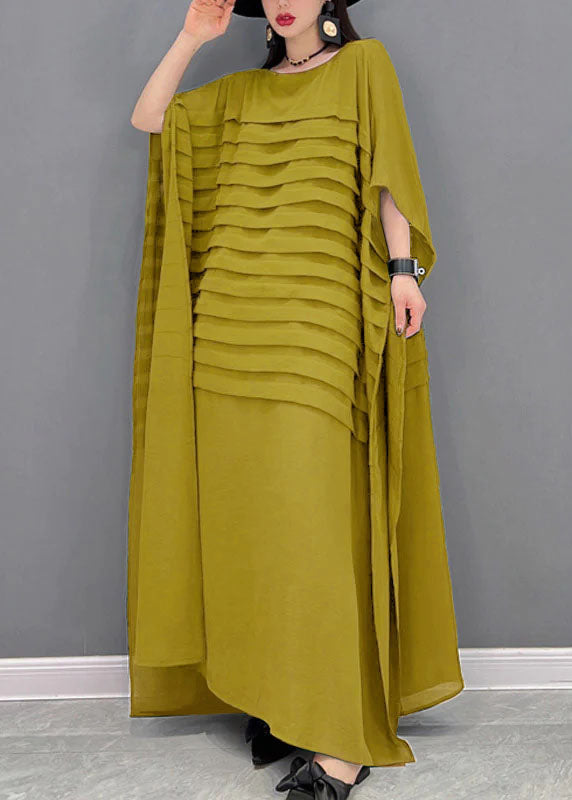 Grace Green O-hals gestreepte chiffon enkeljurk met vleermuismouwen