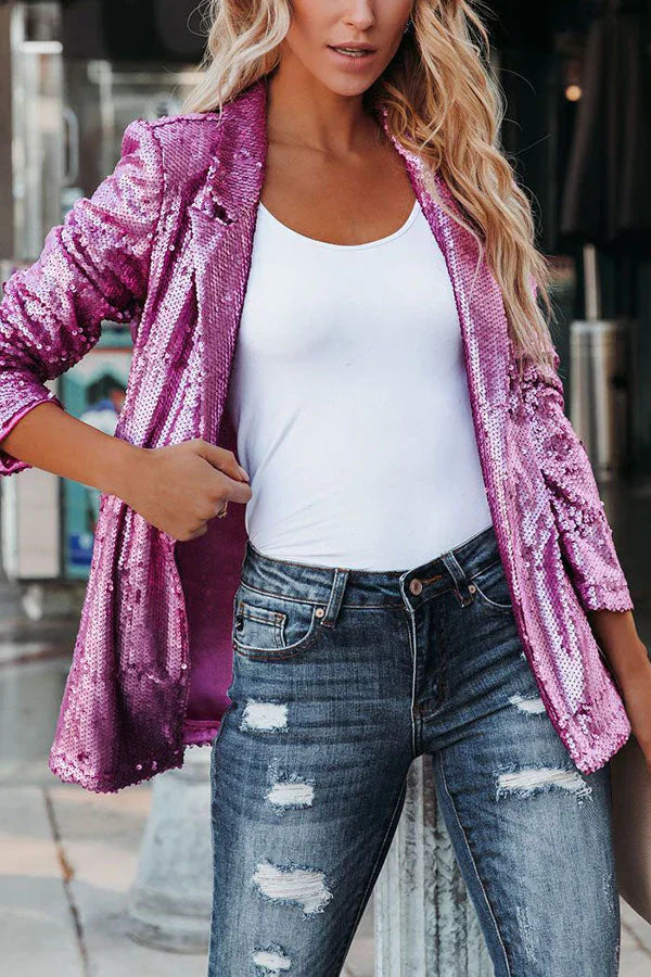 CALORA_ Chique Vrouwen Sequined Blazer met Lange Mouwen en Revers