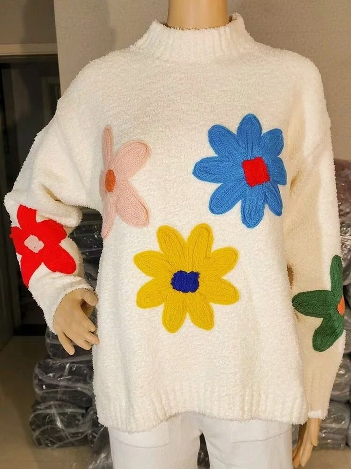 CALORA_ Stijlvolle Witte Gebreide Bloemen Herfst Trui voor Vrouwen