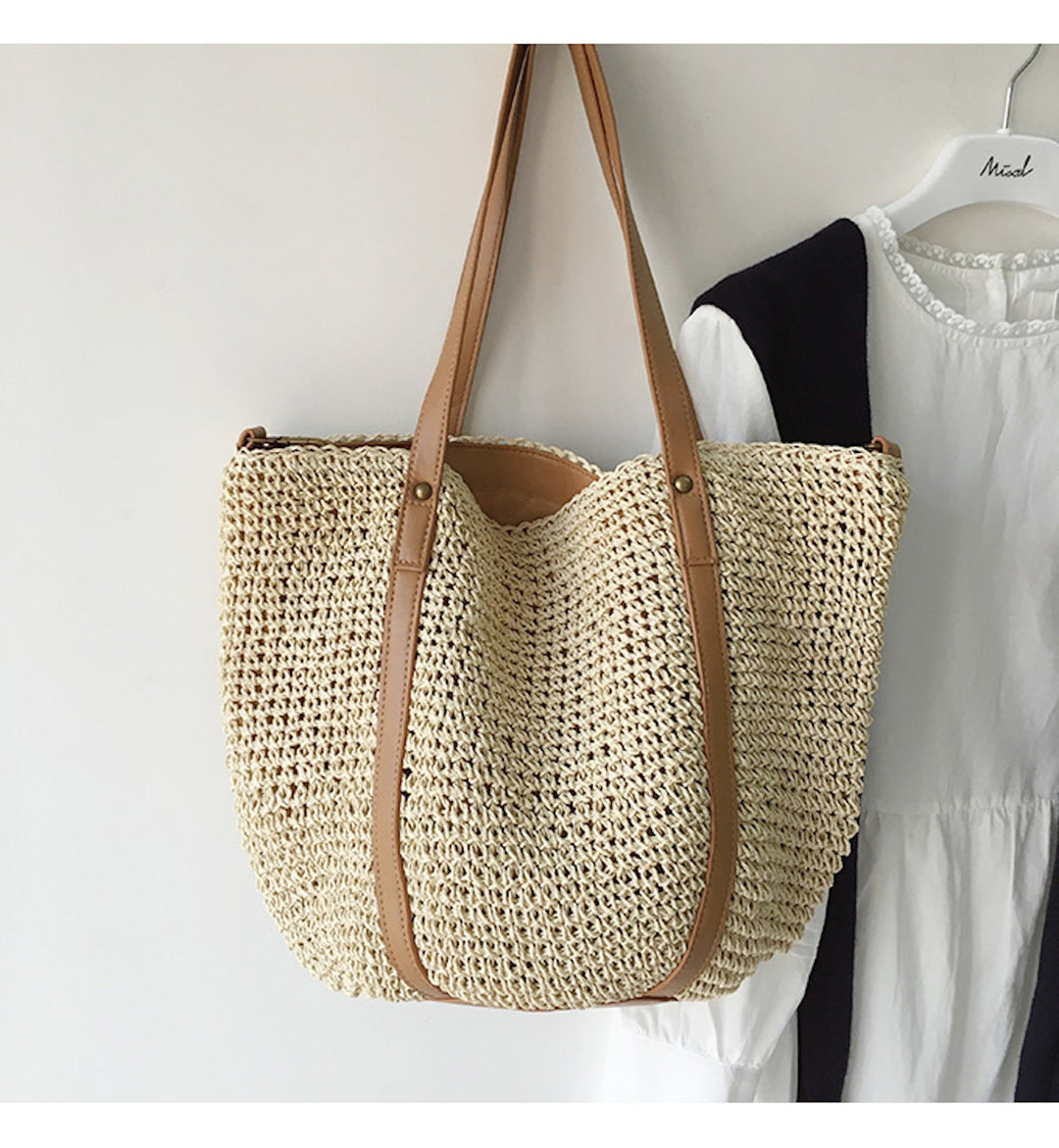 CALORA_ Coastal Chic Riet Geweven Tote Bag - Zomerse Tas en Dagelijkse Essentieel