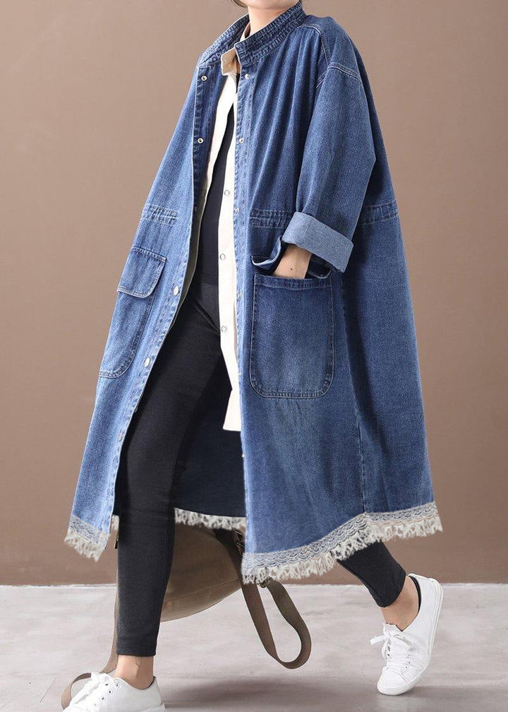 Franse Denim blauwe Plus Size Trenchcoat met trekkoord