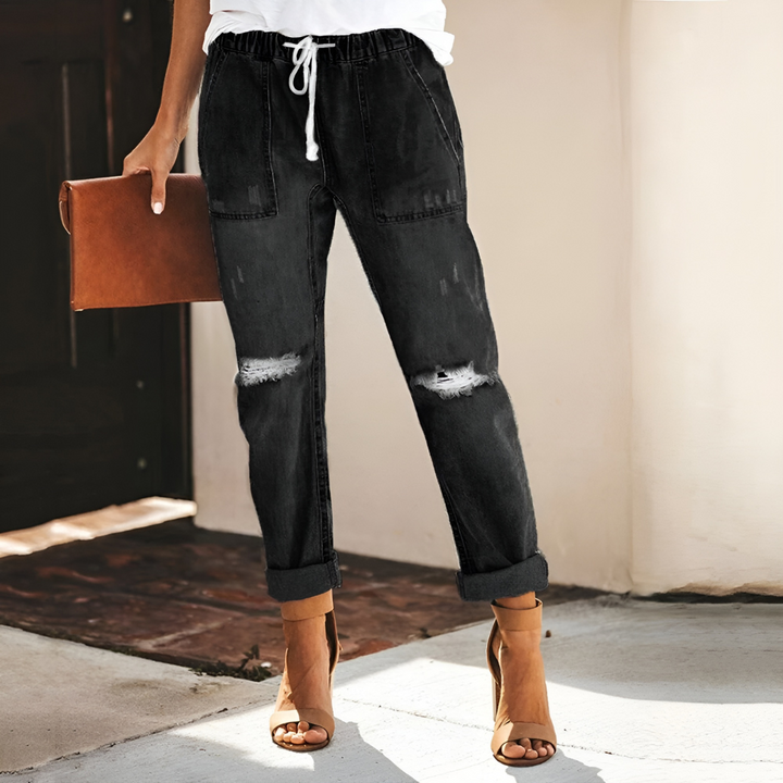 CALORA_ Klassieke Jeans Broek met gaten en rechte pijpen