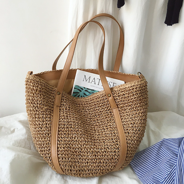 CALORA_ Coastal Chic Riet Geweven Tote Bag - Zomerse Tas en Dagelijkse Essentieel