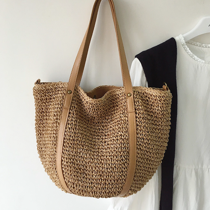 CALORA_ Coastal Chic Riet Geweven Tote Bag - Zomerse Tas en Dagelijkse Essentieel
