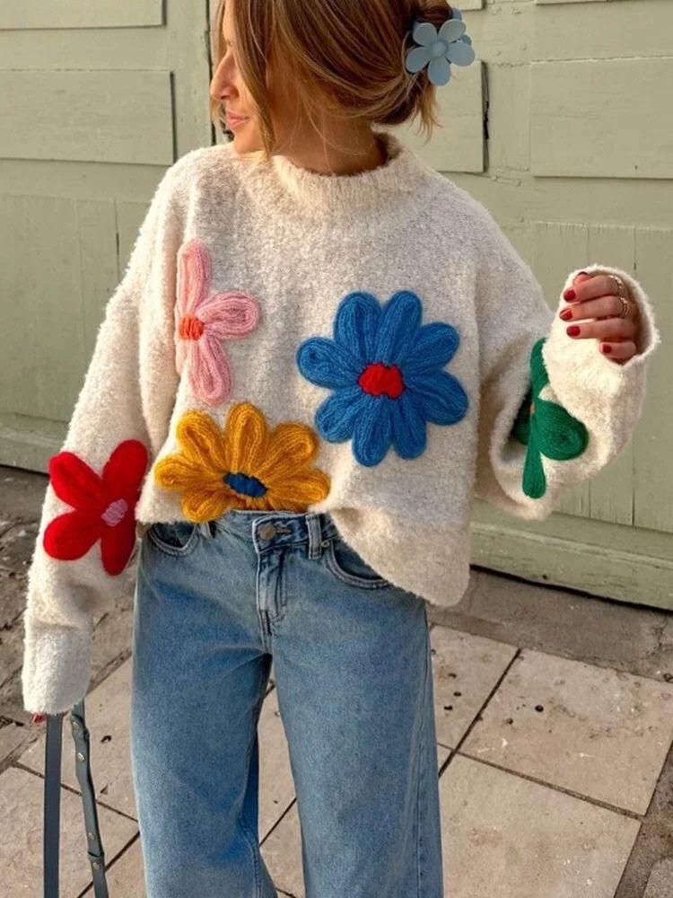 CALORA_ Stijlvolle Witte Gebreide Bloemen Herfst Trui voor Vrouwen