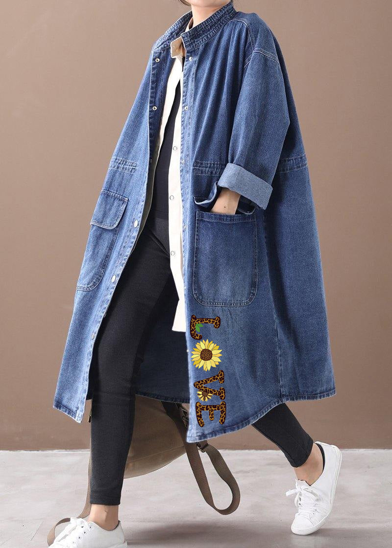 Franse Denim blauwe Plus Size Trenchcoat met trekkoord