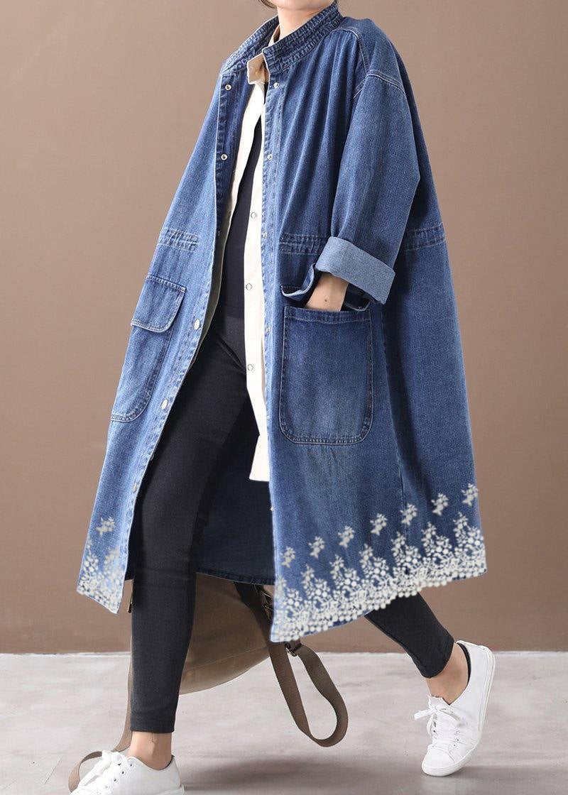 Franse Denim blauwe Plus Size Trenchcoat met trekkoord