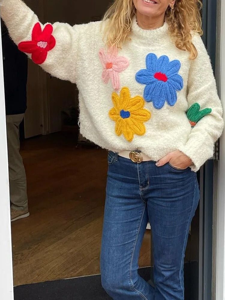 CALORA_ Stijlvolle Witte Gebreide Bloemen Herfst Trui voor Vrouwen