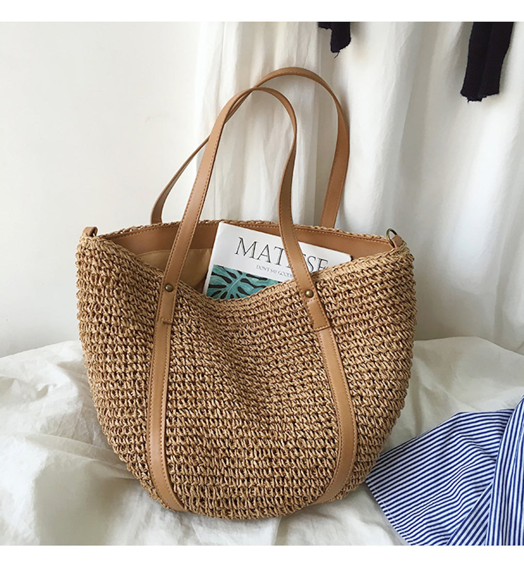 CALORA_ Coastal Chic Riet Geweven Tote Bag - Zomerse Tas en Dagelijkse Essentieel