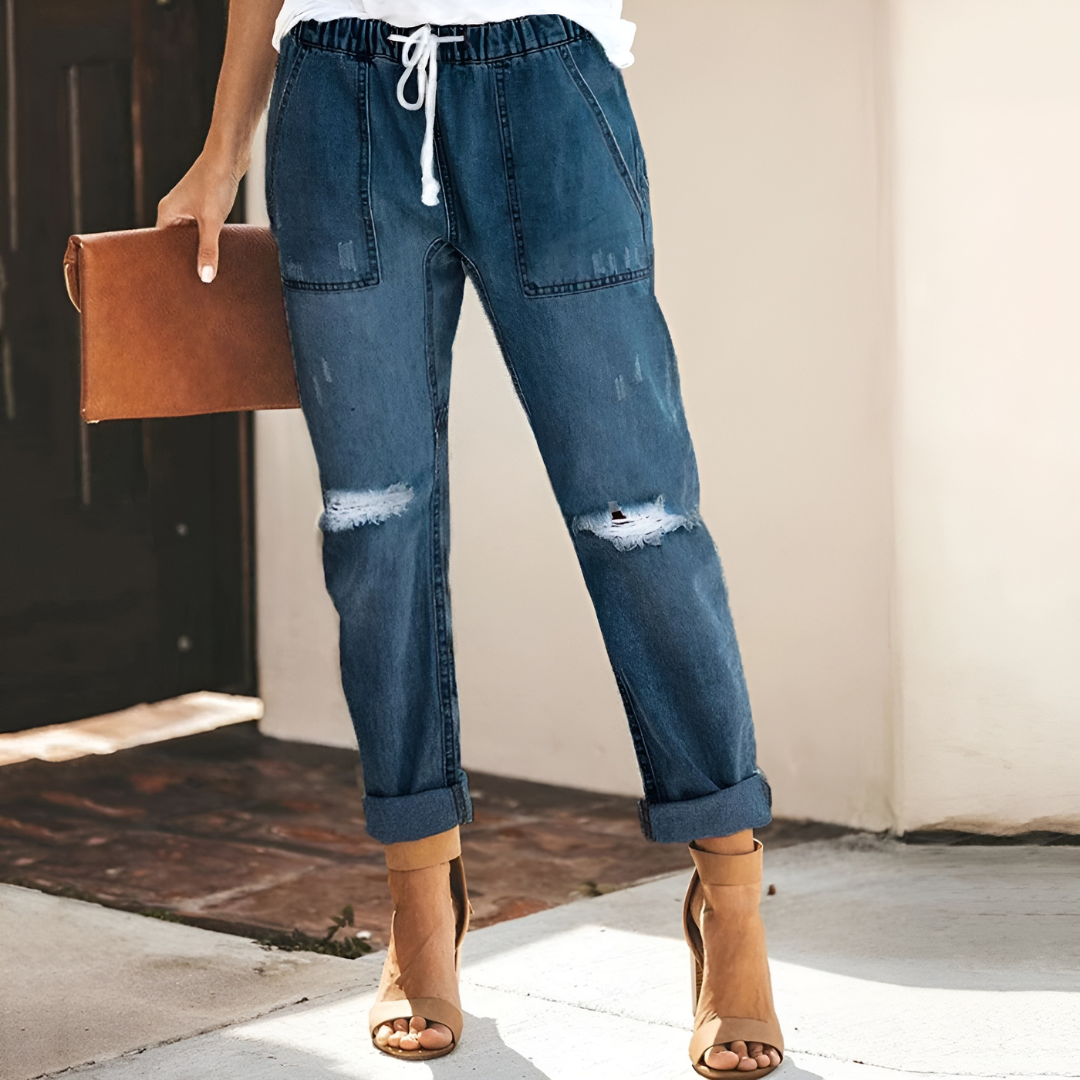 CALORA_ Klassieke Jeans Broek met gaten en rechte pijpen