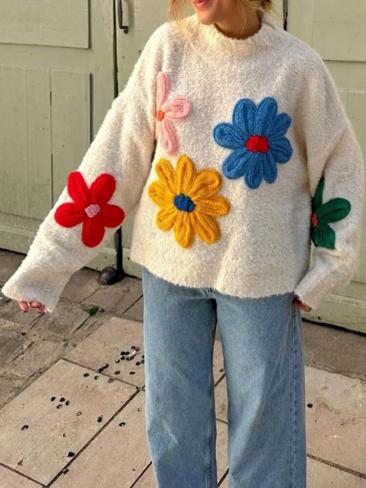 CALORA_ Stijlvolle Witte Gebreide Bloemen Herfst Trui voor Vrouwen
