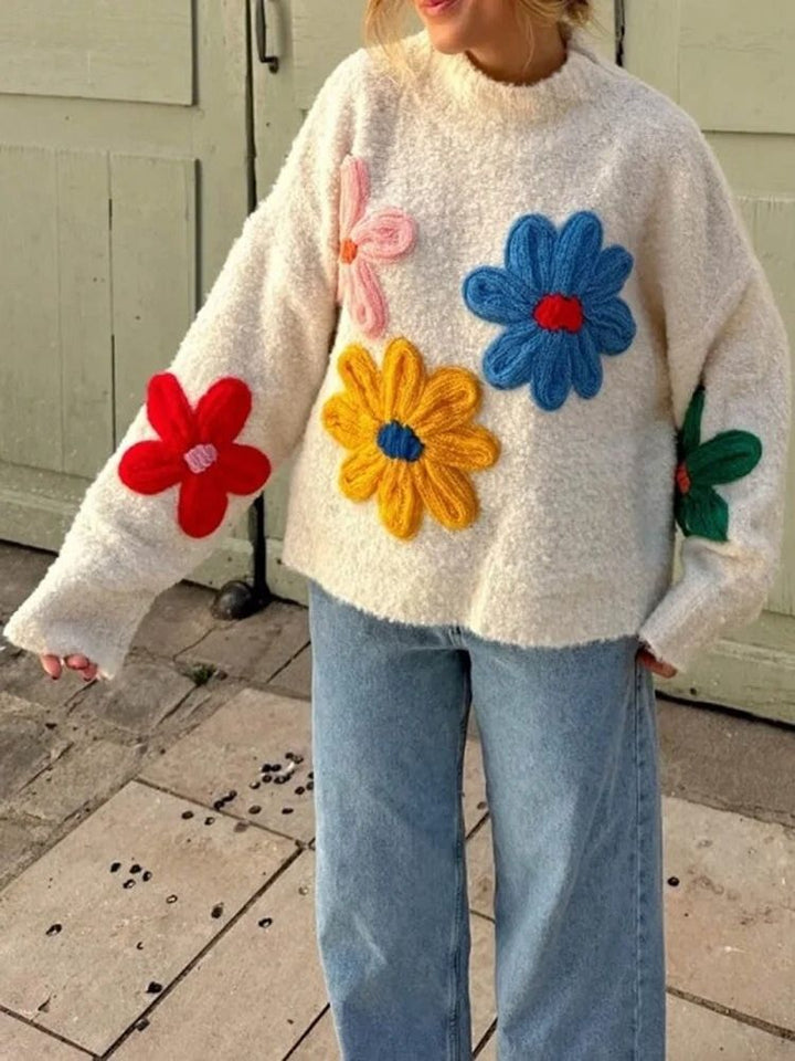 CALORA_ Stijlvolle Witte Gebreide Bloemen Herfst Trui voor Vrouwen