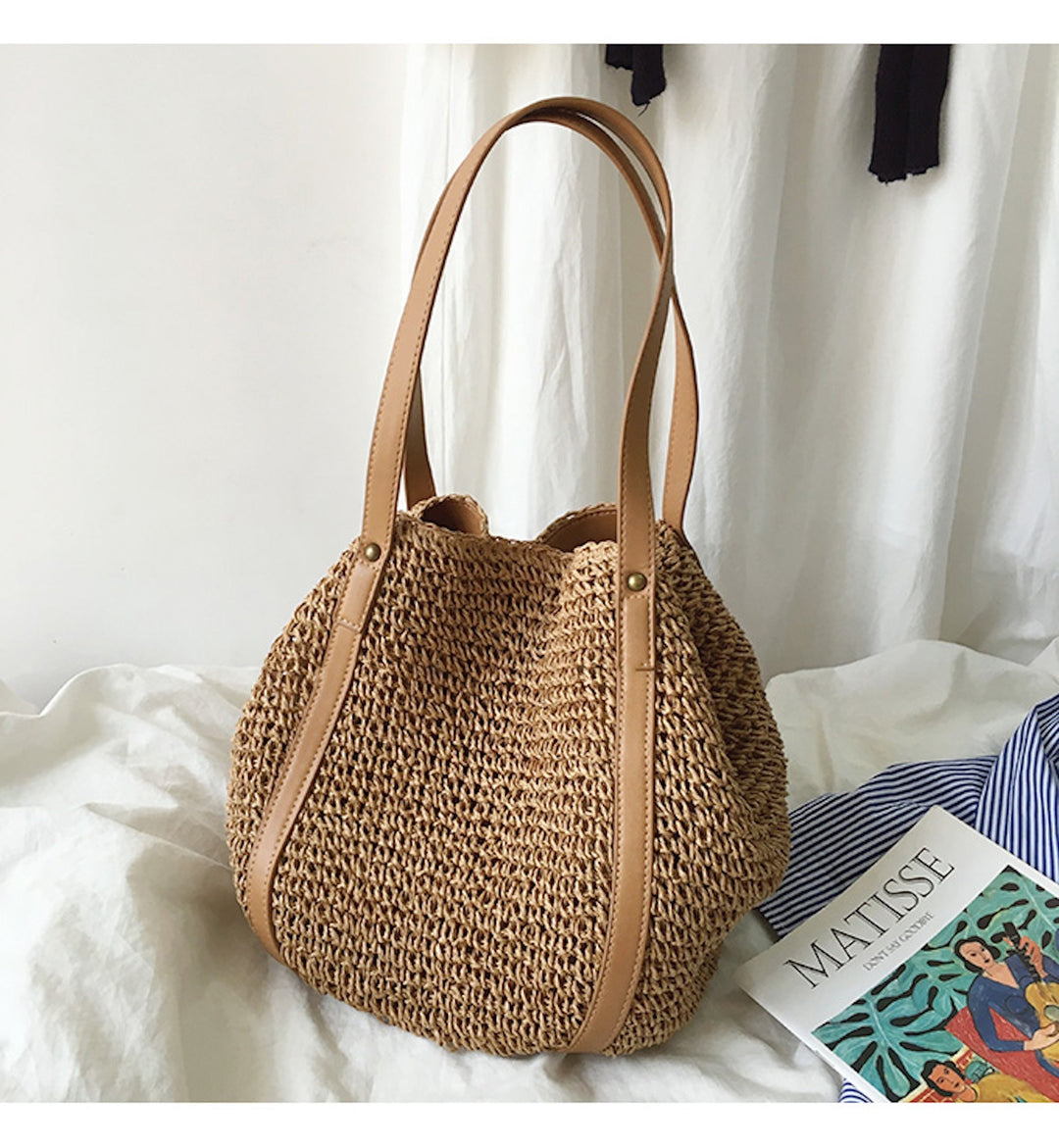 CALORA_ Coastal Chic Riet Geweven Tote Bag - Zomerse Tas en Dagelijkse Essentieel
