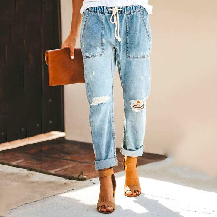 CALORA_ Klassieke Jeans Broek met gaten en rechte pijpen