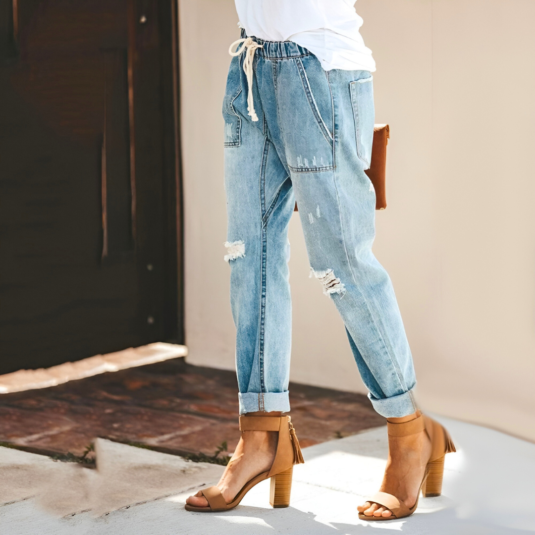 CALORA_ Klassieke Jeans Broek met gaten en rechte pijpen