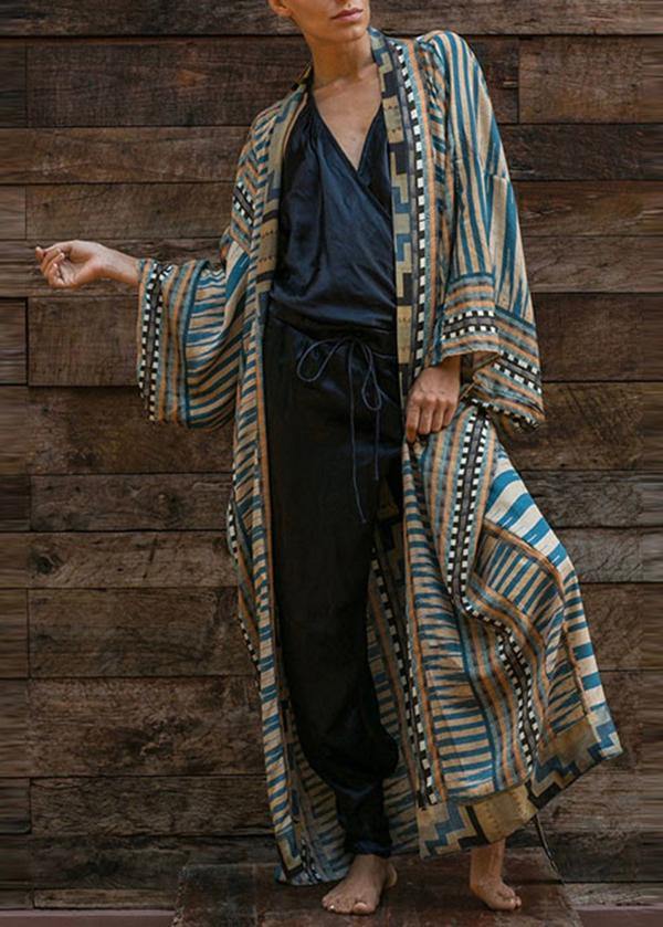 Bohemian Blue Geometric Print Long sleeve kimono robe Mid Summer Cotton - SooLinen