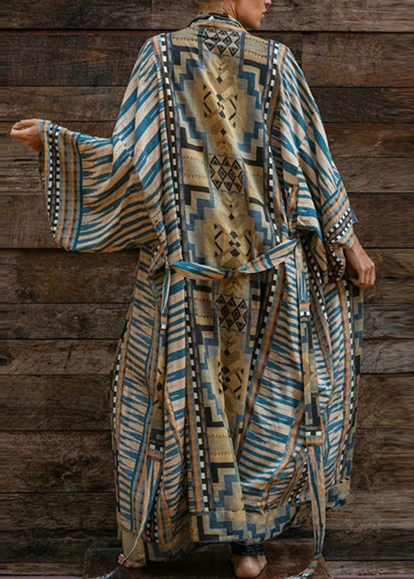 Boheemse Blauwe Geometrische Print Kimono Badjas