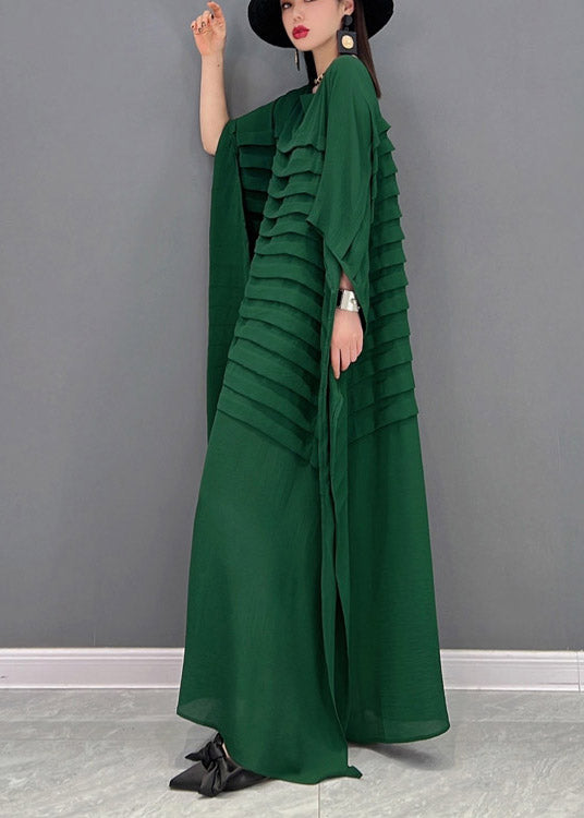 Grace Green O-hals gestreepte chiffon enkeljurk met vleermuismouwen