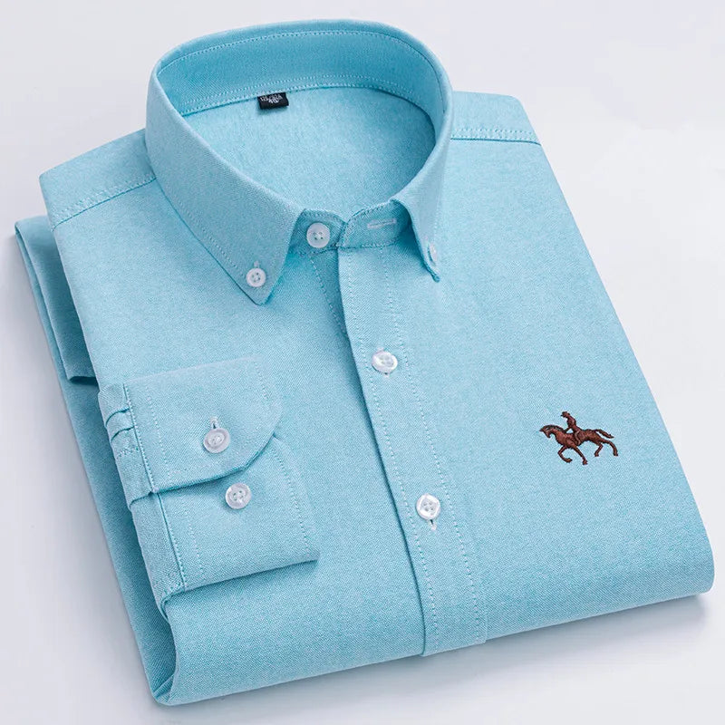 CALORA_ 100% Katoenen Oxford Overhemd Shirt met Geborduurde Paard Design