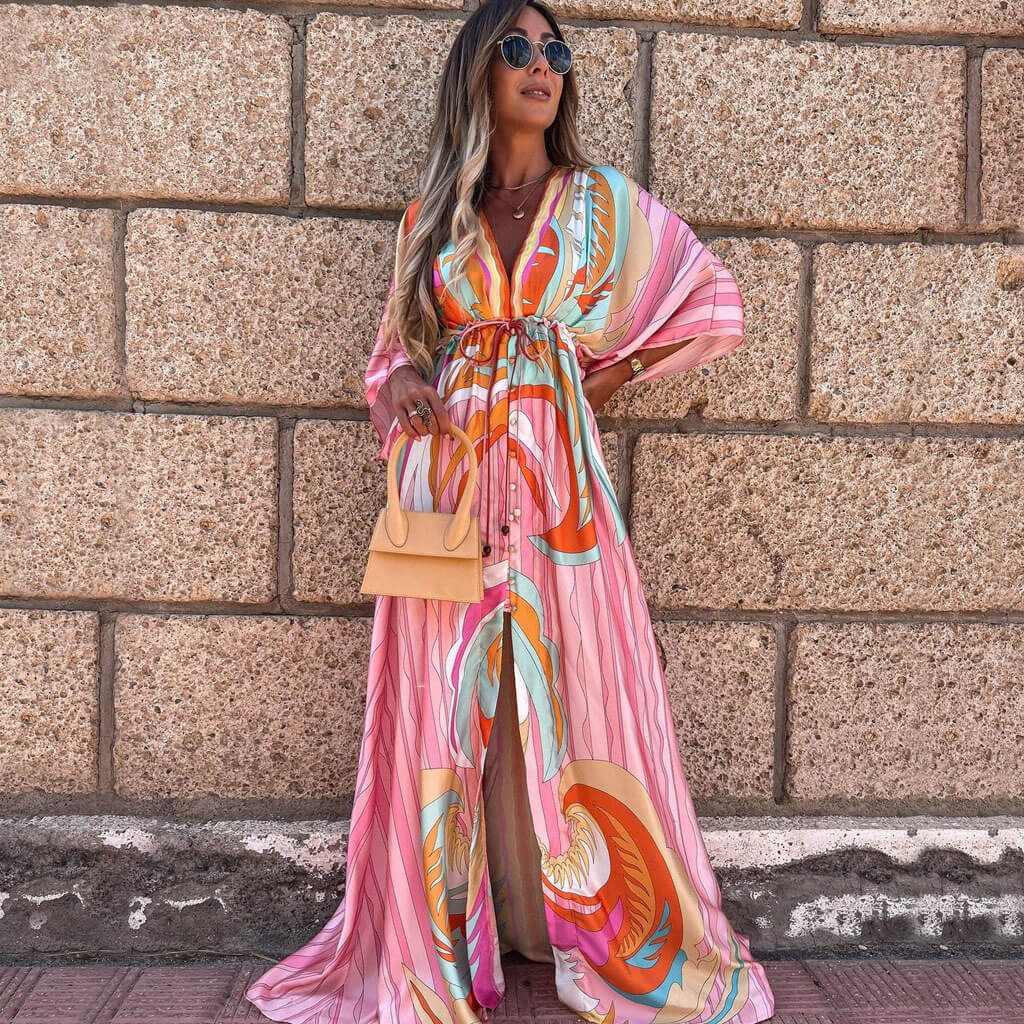 CALORA_ Abstract Print Maxi Jurk met Ceintuur en V-Hals in Roze