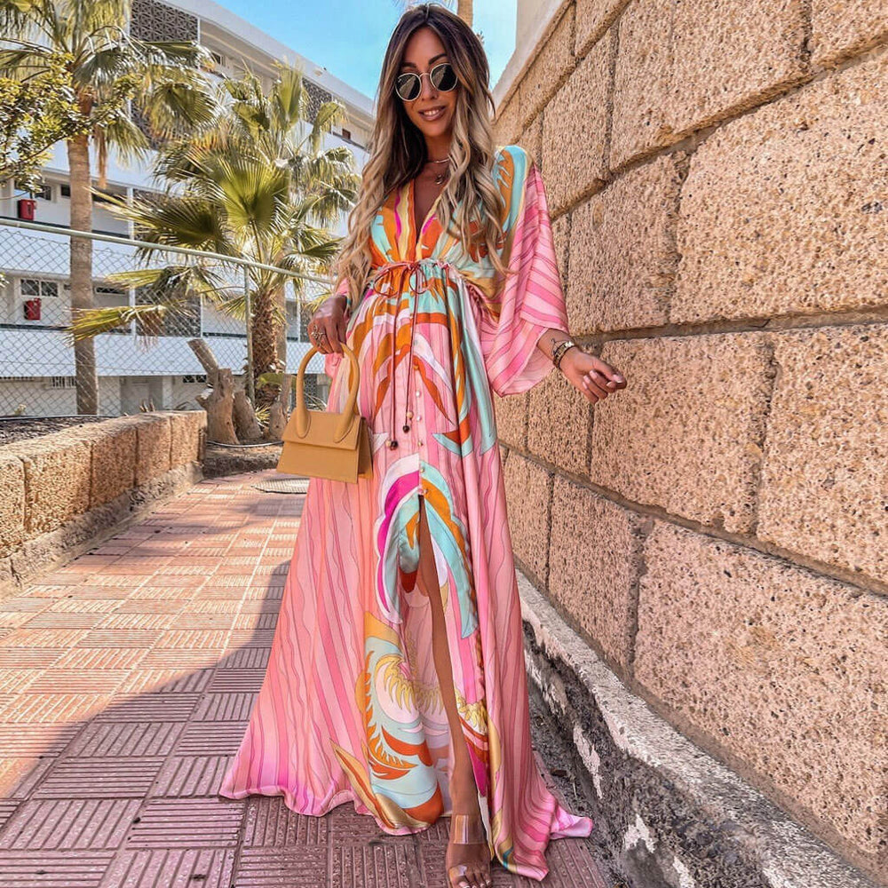 CALORA_ Abstract Print Maxi Jurk met Ceintuur en V-Hals in Roze