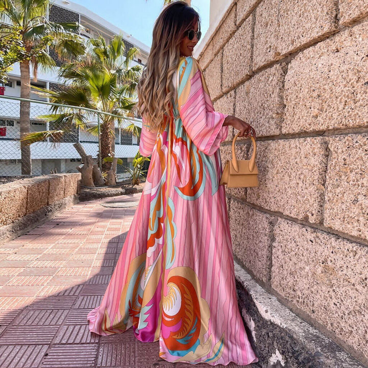 CALORA_ Abstract Print Maxi Jurk met Ceintuur en V-Hals in Roze