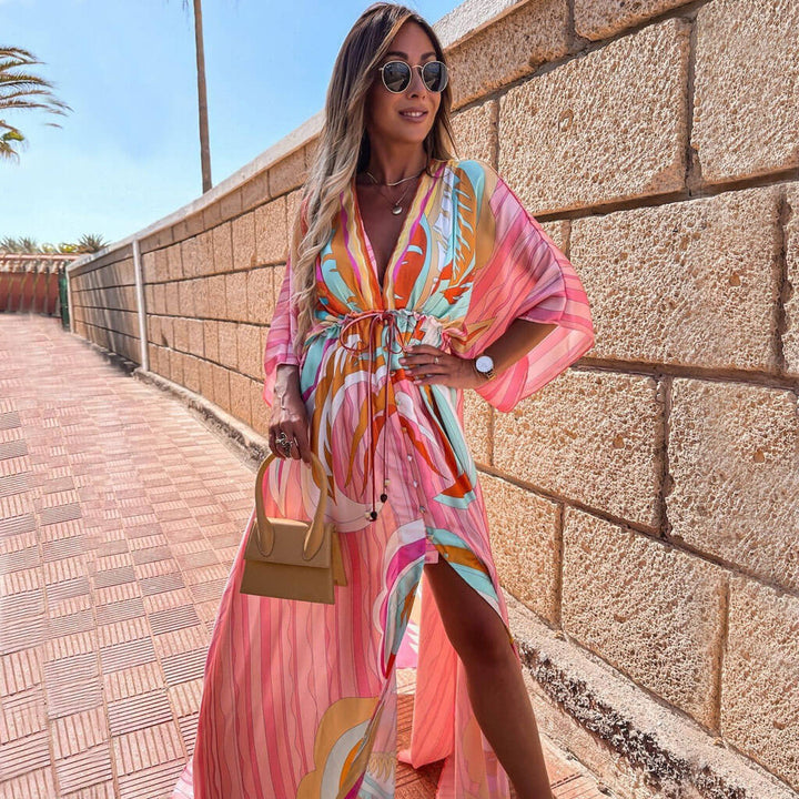 CALORA_ Abstract Print Maxi Jurk met Ceintuur en V-Hals in Roze