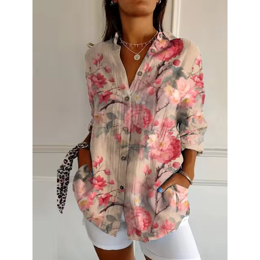 CALORA_ Bloemen Blouse met Knopen en Lange Mouwen voor Dames