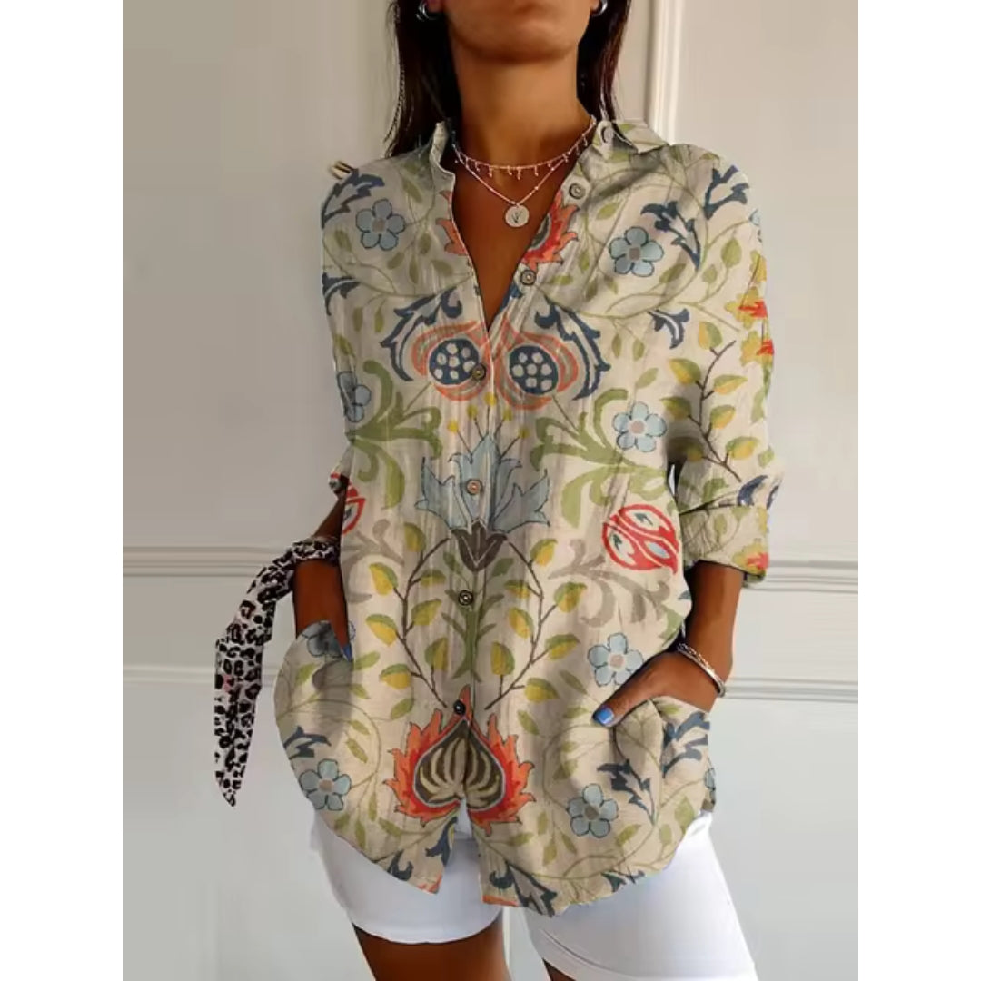 CALORA_ Bloemen Blouse met Knopen en Lange Mouwen voor Dames