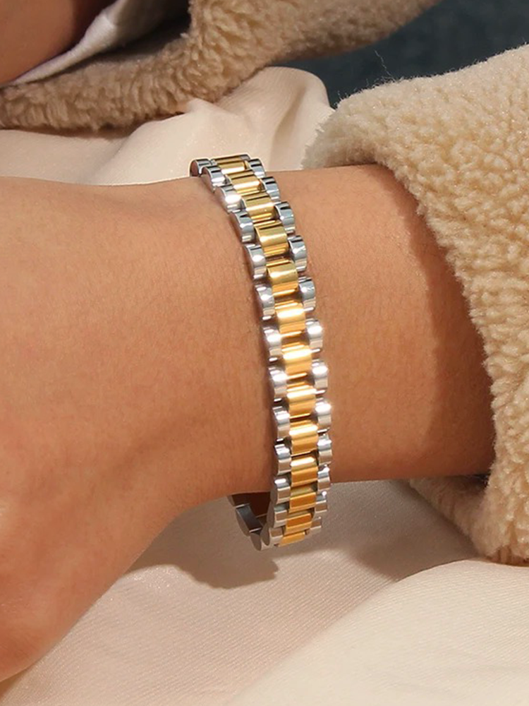 CALORA_ Brede Schakelarmband Goud-Zilver van Hoogwaardige Kwaliteit