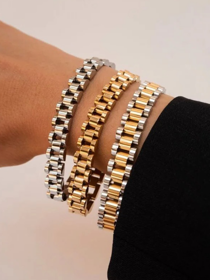 CALORA_ Brede Schakelarmband Goud-Zilver van Hoogwaardige Kwaliteit