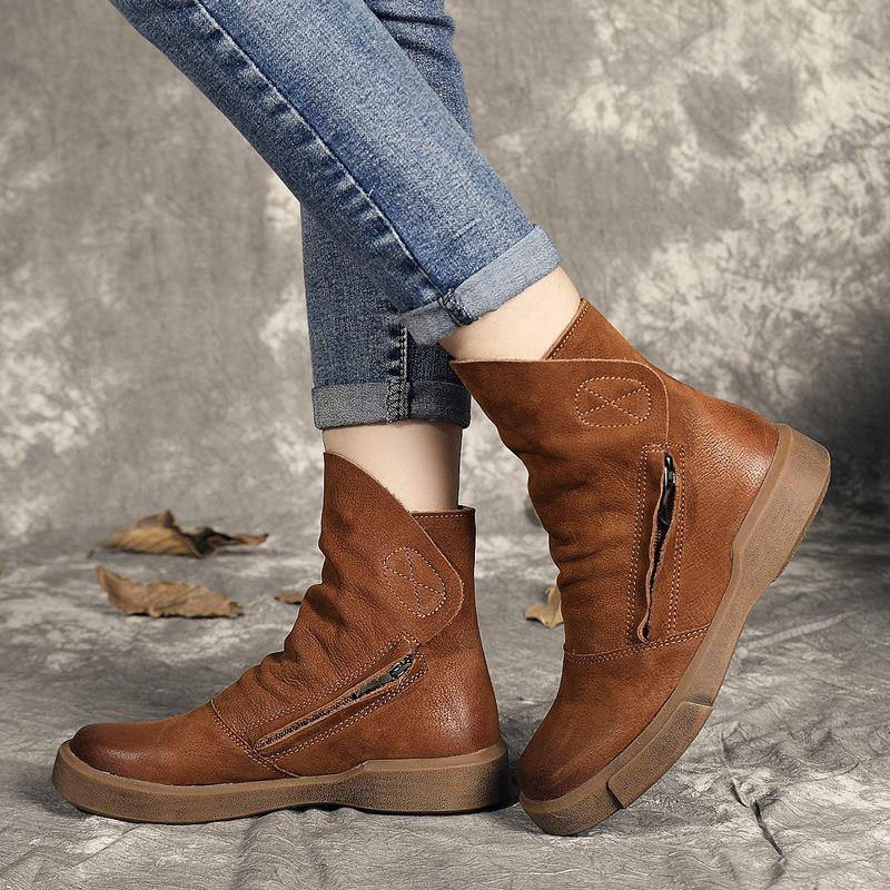 CALORA_ Casual Laarzen met Chocolade rits van Rundleer