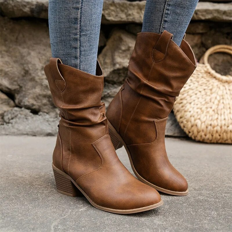 CALORA_ Casual Middelhoge Leren Dames Laarzen
