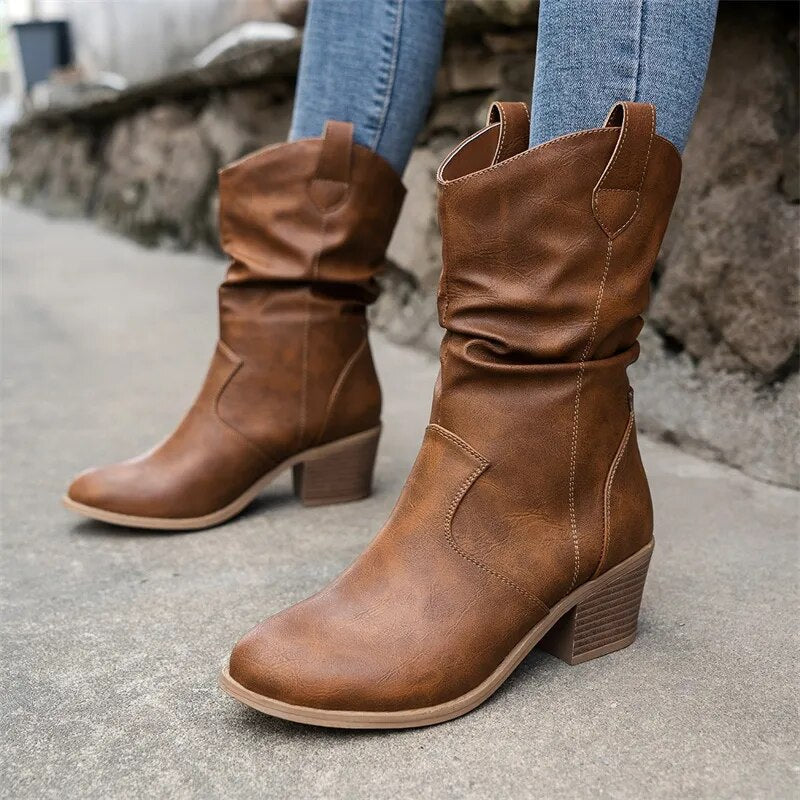 CALORA_ Casual Middelhoge Leren Dames Laarzen