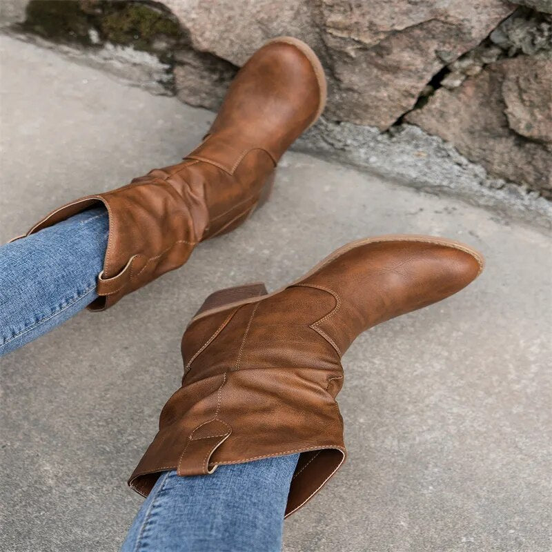 CALORA_ Casual Middelhoge Leren Dames Laarzen
