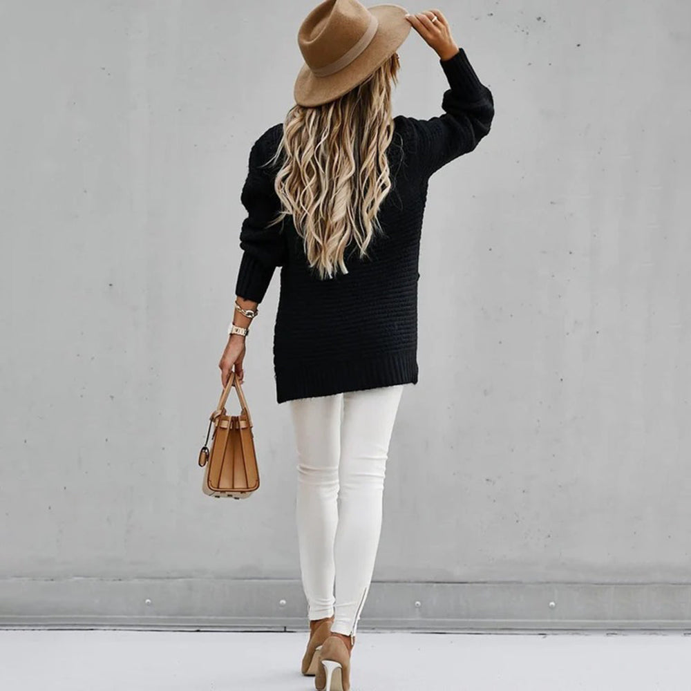 CALORA_ Casual dames trui met lange mouwen en wafelmotief en zijsplitten