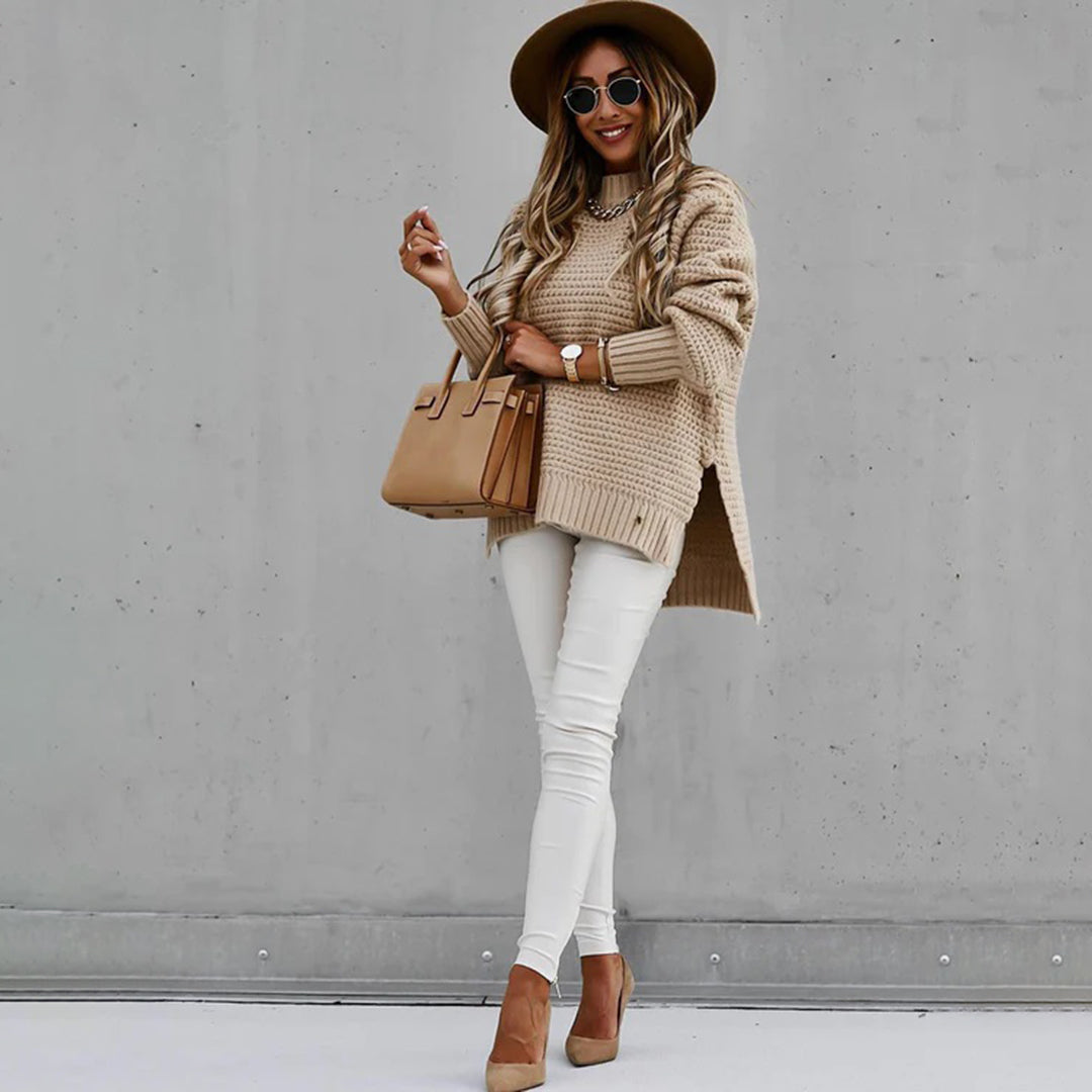 CALORA_ Casual dames trui met lange mouwen en wafelmotief en zijsplitten