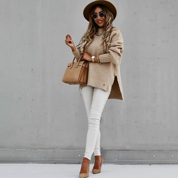 CALORA_ Casual dames trui met lange mouwen en wafelmotief en zijsplitten