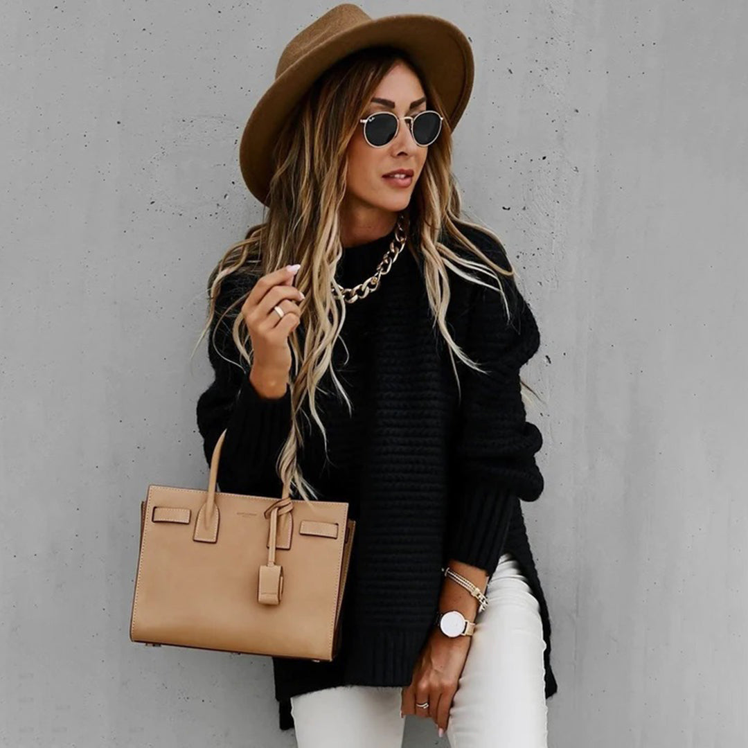 CALORA_ Casual dames trui met lange mouwen en wafelmotief en zijsplitten