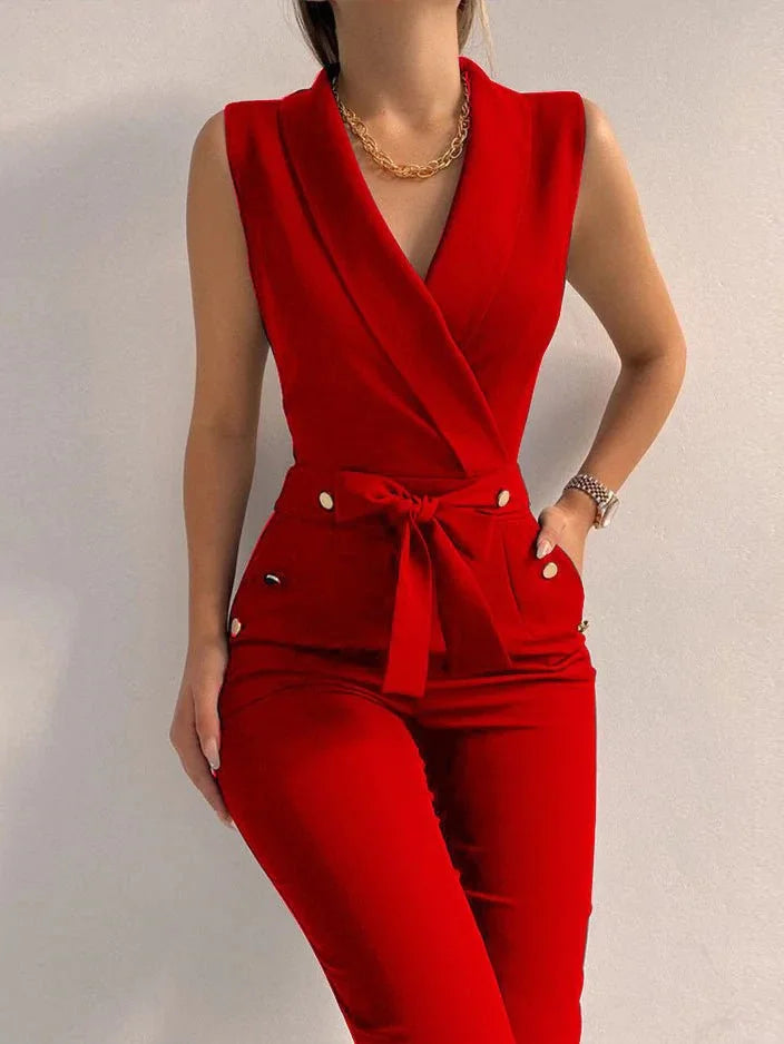 CALORA_ Chique Mouwloze Jumpsuit met V-hals en Vetersluiting